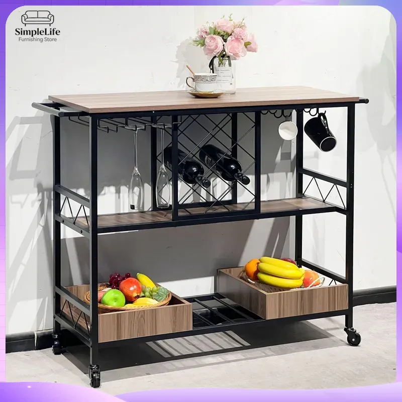 Home Bar Shelves - รถเข็นครัวอเนกประสงค์พร้อมชั้นวางของ รถเข็นเคลื่อนที่สำหรับทำอาหาร อบขนม เตรียมอาหาร เสิร์ฟอาหาร ชา