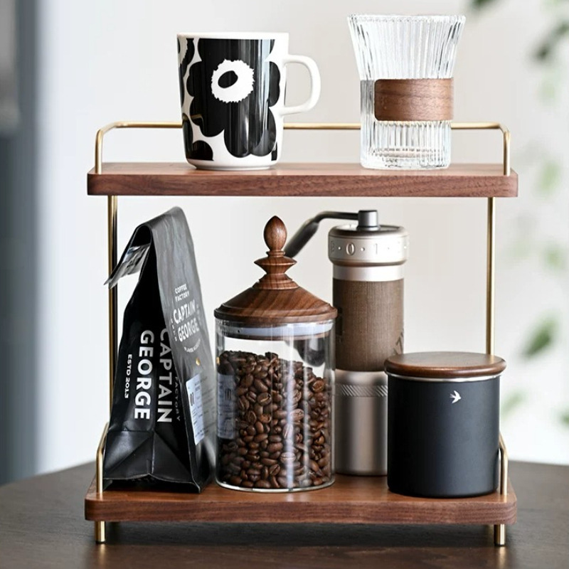 Home Bar Shelves - ที่วางแก้ว 2 ชั้น ทำจากไม้แบล็ควอลนัท สำหรับจัดแสดงแก้วในครัว ชั้นวางแก้วสำหรับเคาน์เตอร์บาร์กาแฟ
